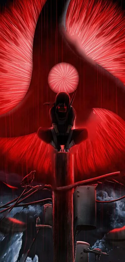 Anime character amidst red setting, striking wallpaper design.