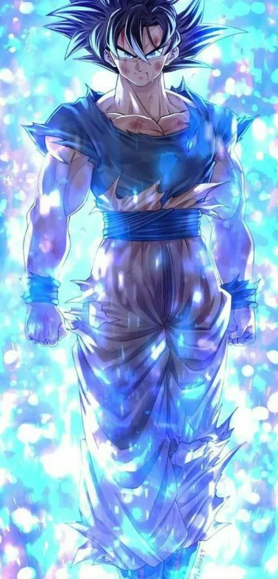 Dynamic anime character in blue aura on mobile wallpaper.