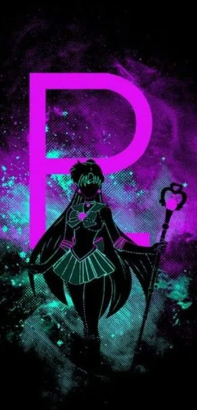 Anime character silhouette with purple cosmic background.