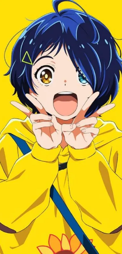 Cheerful anime character in yellow hoodie.