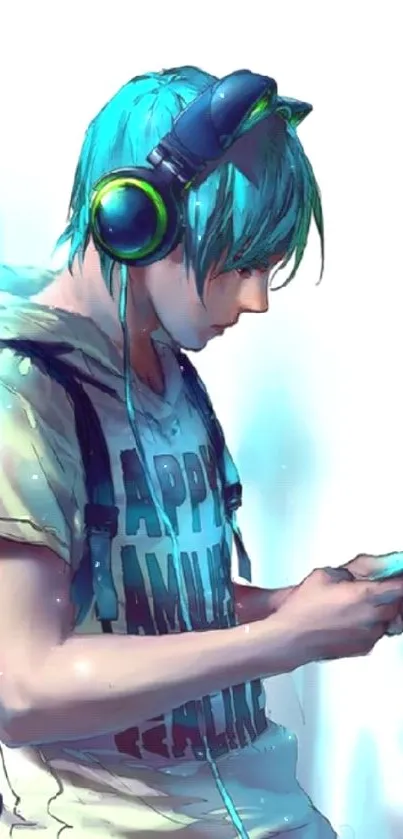 Anime character with headphones and blue hair texting on a smartphone.