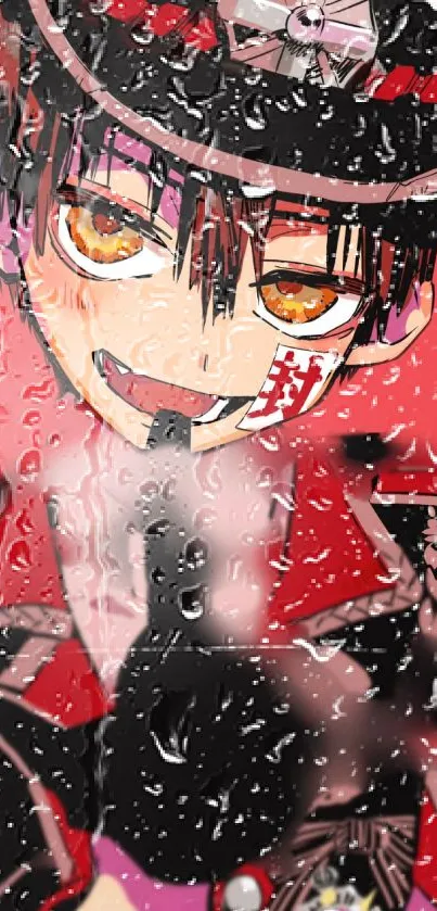 Anime character wallpaper with raindrop effect on bright red background.