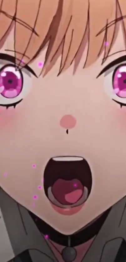 Anime character with bright pink eyes expressing surprise.