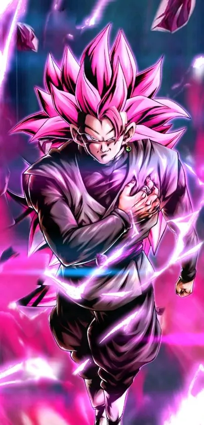 Vibrant anime character with pink aura and dynamic action pose.