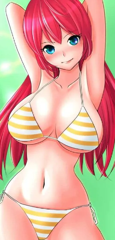 Anime character with red hair on a green background.