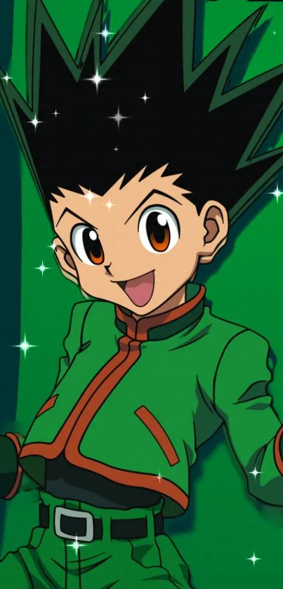 Cheerful anime character with green suit and vibrant background.