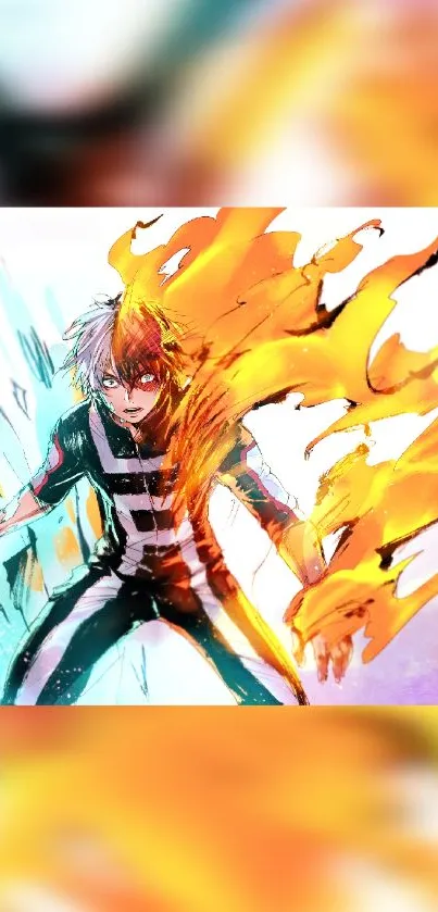 Anime character with a fiery aura and dynamic energy in a vibrant design.