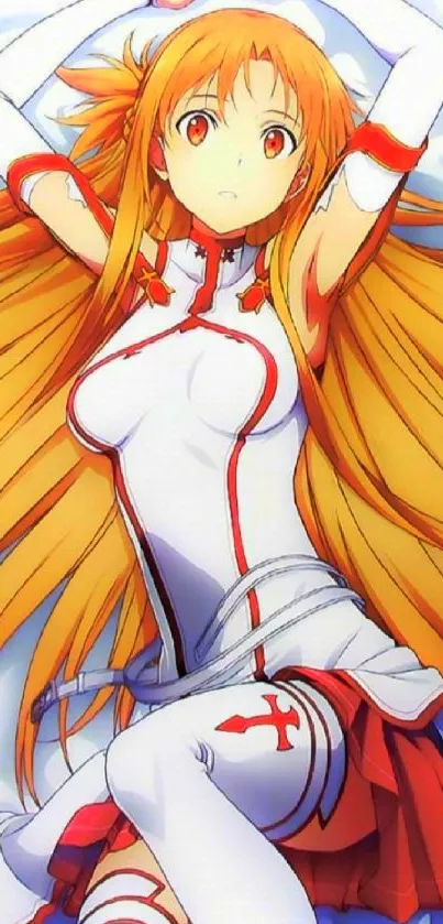 Anime character with vibrant orange hair and dynamic pose on a mobile wallpaper.