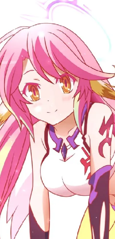 Anime character with pink hair in a vibrant, dynamic pose on white background.