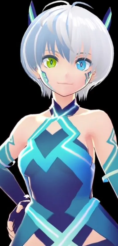 Anime character with blue attire and neon accents on a mobile wallpaper.