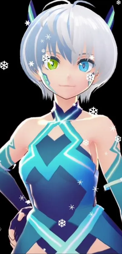 Anime character with vibrant teal outfit and unique eyes.