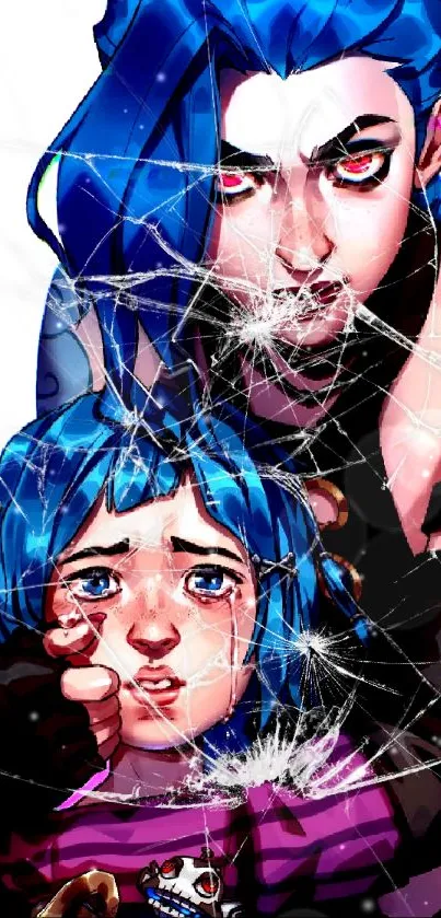 Vibrant anime wallpaper with blue-haired characters in an emotional scene.