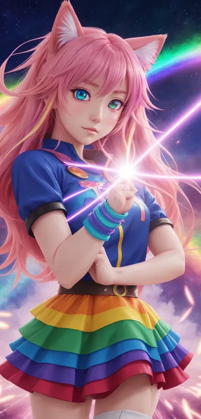 Anime character with pink hair and rainbow dress against cosmic background.