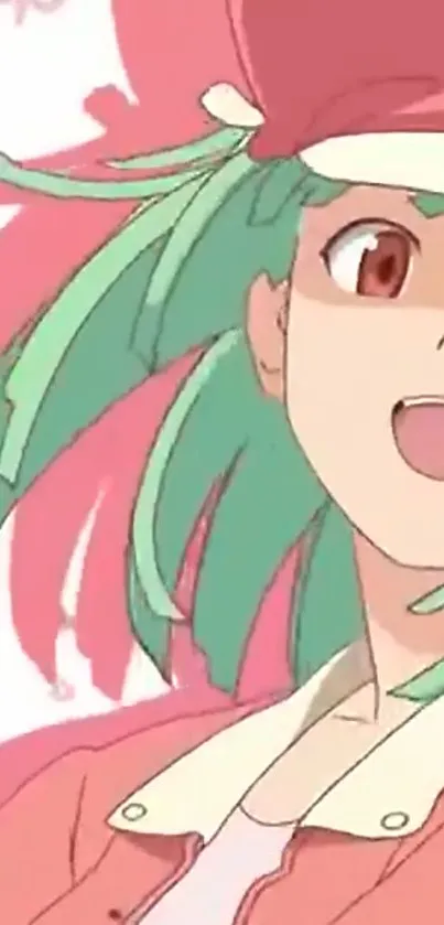 Anime character with green hair and pink background.