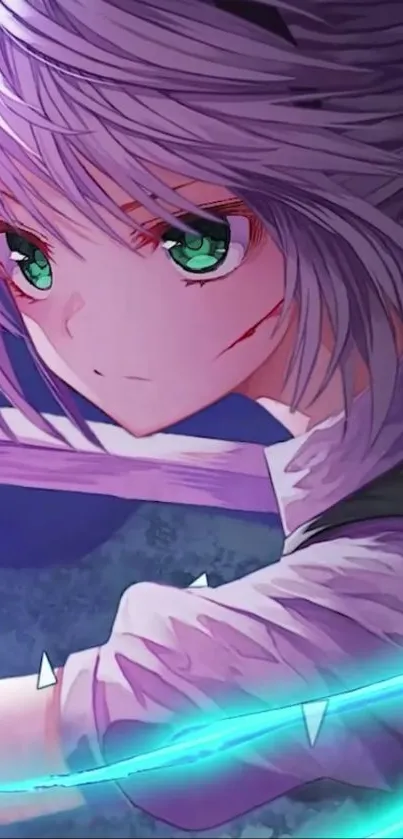 Anime character with green eyes and purple hair, dynamic and colorful design.