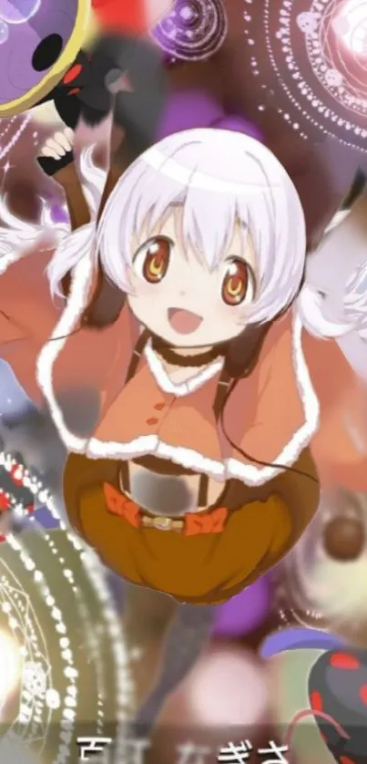 Anime character with white hair and orange outfit in a vibrant setting.