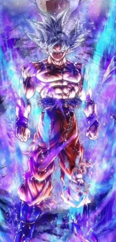 Vibrant anime character with blue aura in a dynamic pose.