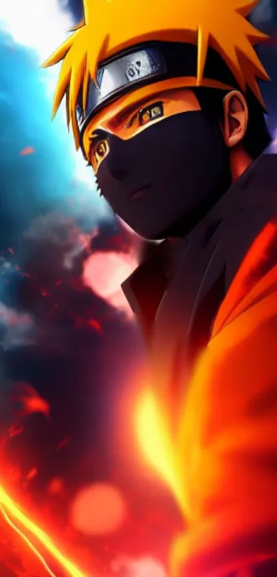 Vibrant anime character with intense fiery colors in a dynamic pose.