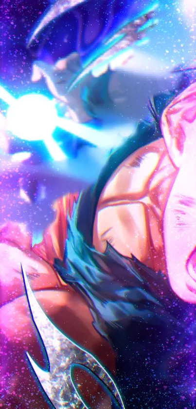 Anime character in vibrant battle scene with intense colors.