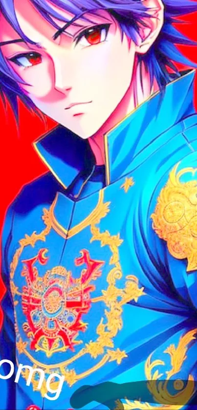 Vibrant anime character with blue outfit on a red background.