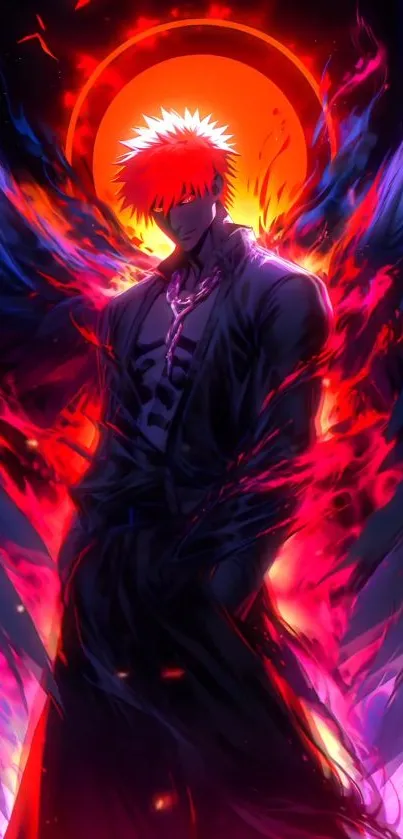 Anime character with fiery red background.