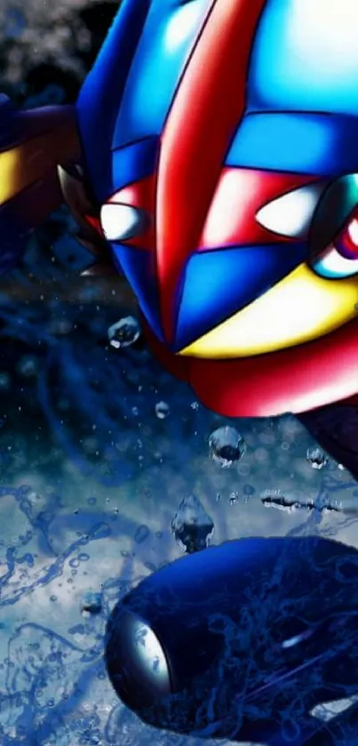 Vibrant anime character with blue and red colors, splashing water background.