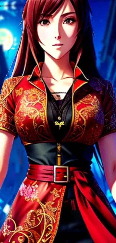 Vibrant anime character in red outfit against a blue cityscape backdrop.