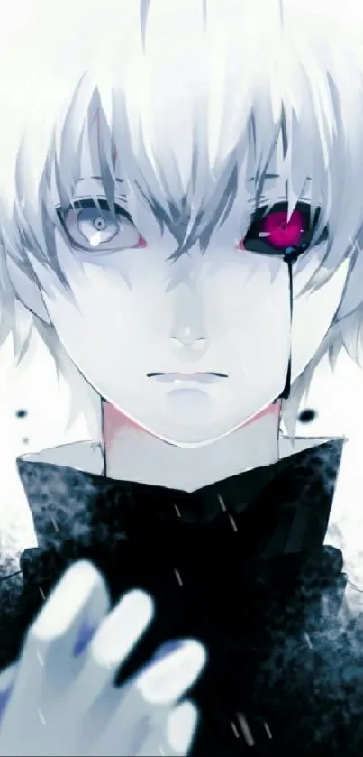 White-haired anime character with striking eyes.