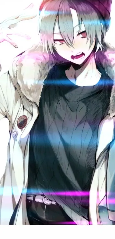 Vibrant anime character with neon colors and fur collar on mobile wallpaper.