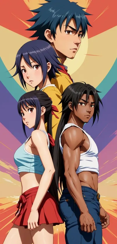 Anime characters on vibrant, colorful backdrop.