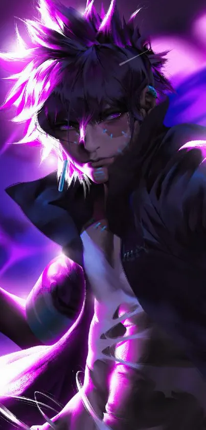 Dynamic anime character with vibrant purple lighting.