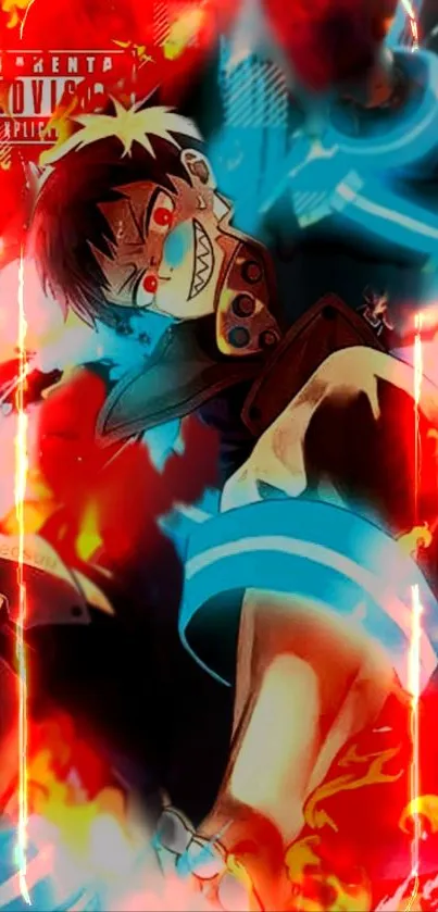 Anime character with fiery red and blue background, vibrant mobile wallpaper.