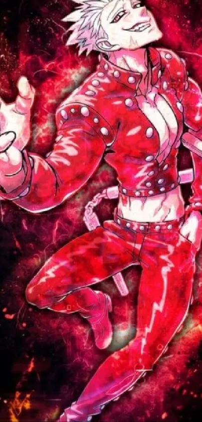 Anime character in dynamic red attire on vibrant background.