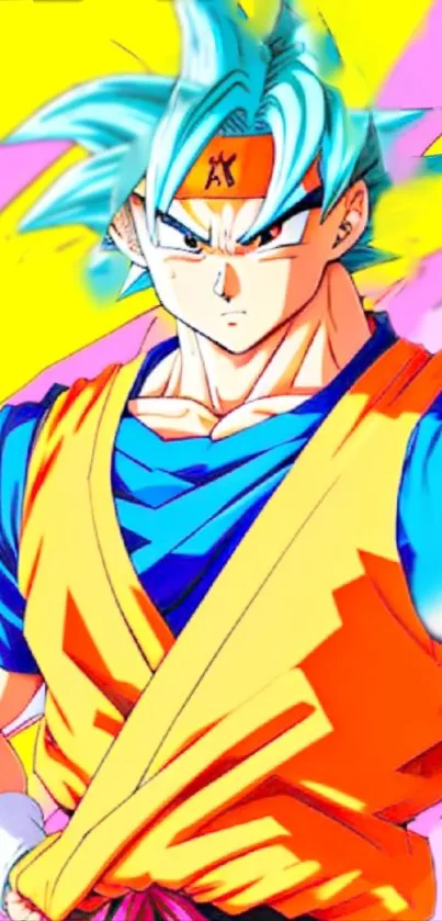 Anime character with vibrant colors on a dynamic phone wallpaper.