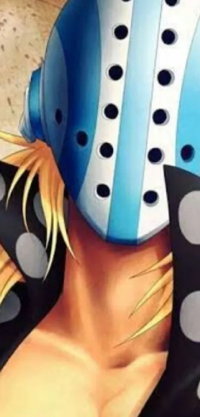 Anime character with a blue mask and stylized design on wallpaper.