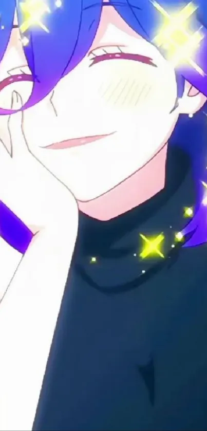 Anime character with purple hair smiles joyfully with sparkling stars.