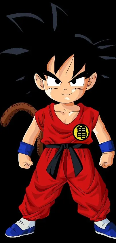 Anime character in red outfit with black background, iconic style.