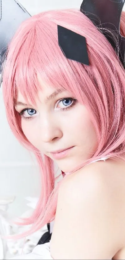 Anime character with striking pink hair in a vibrant portrait wallpaper.