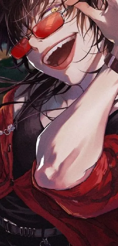 An anime character with red attire and sunglasses, in a dynamic pose.