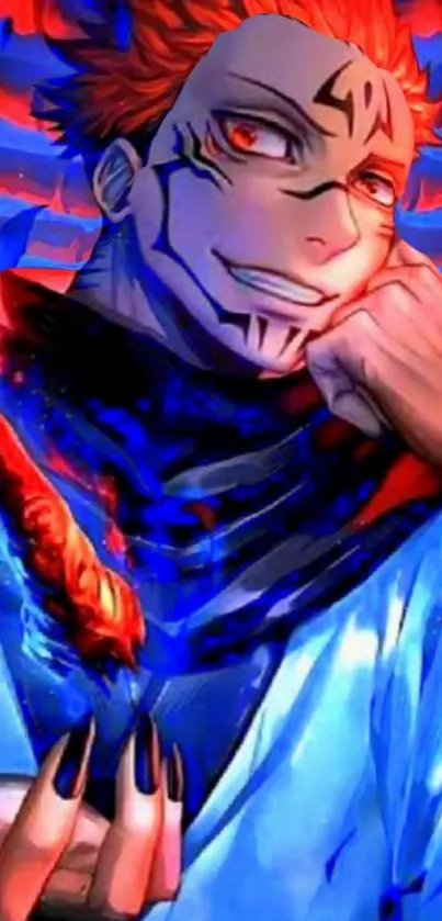 Anime character with red hair and blue background, intense expression.