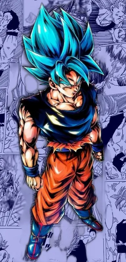 Anime character with blue hair and colorful attire on a dynamic background.