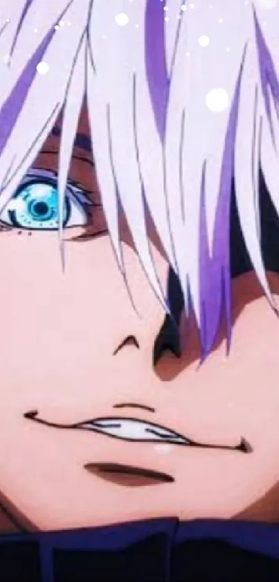 Anime character with purple hair and striking blue eye