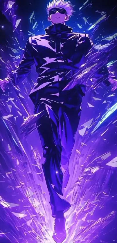 Anime character surrounded by vibrant purple energy burst.