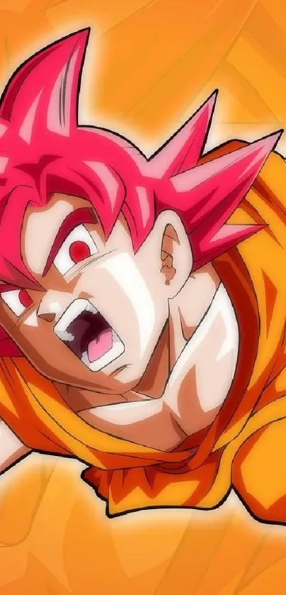 Vibrant anime character with red hair and orange outfit, expressing high energy.