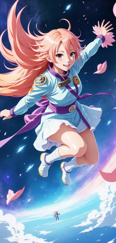 Anime character soaring above cosmic backdrop with vibrant colors.