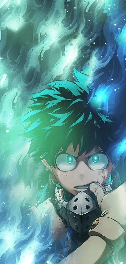 Anime character engulfed in teal flames with intense gaze.