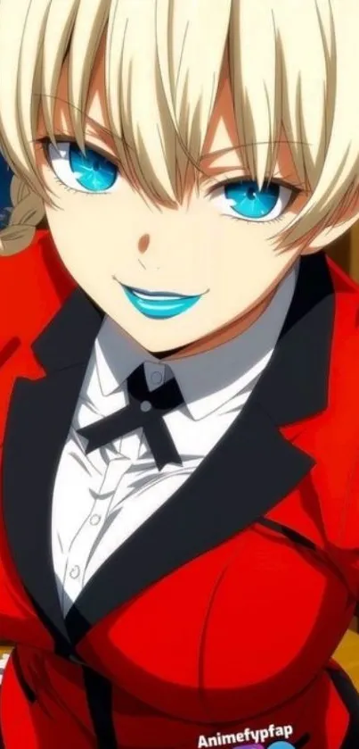 Anime character in red outfit with blue eyes.