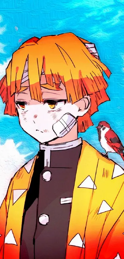 Vibrant anime character with colorful sky backdrop.