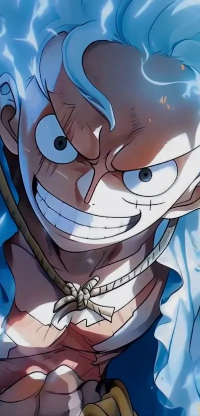 Vibrant anime character with intense expression in blue tones.