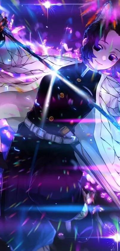 Anime character with glowing effects in vibrant colors.
